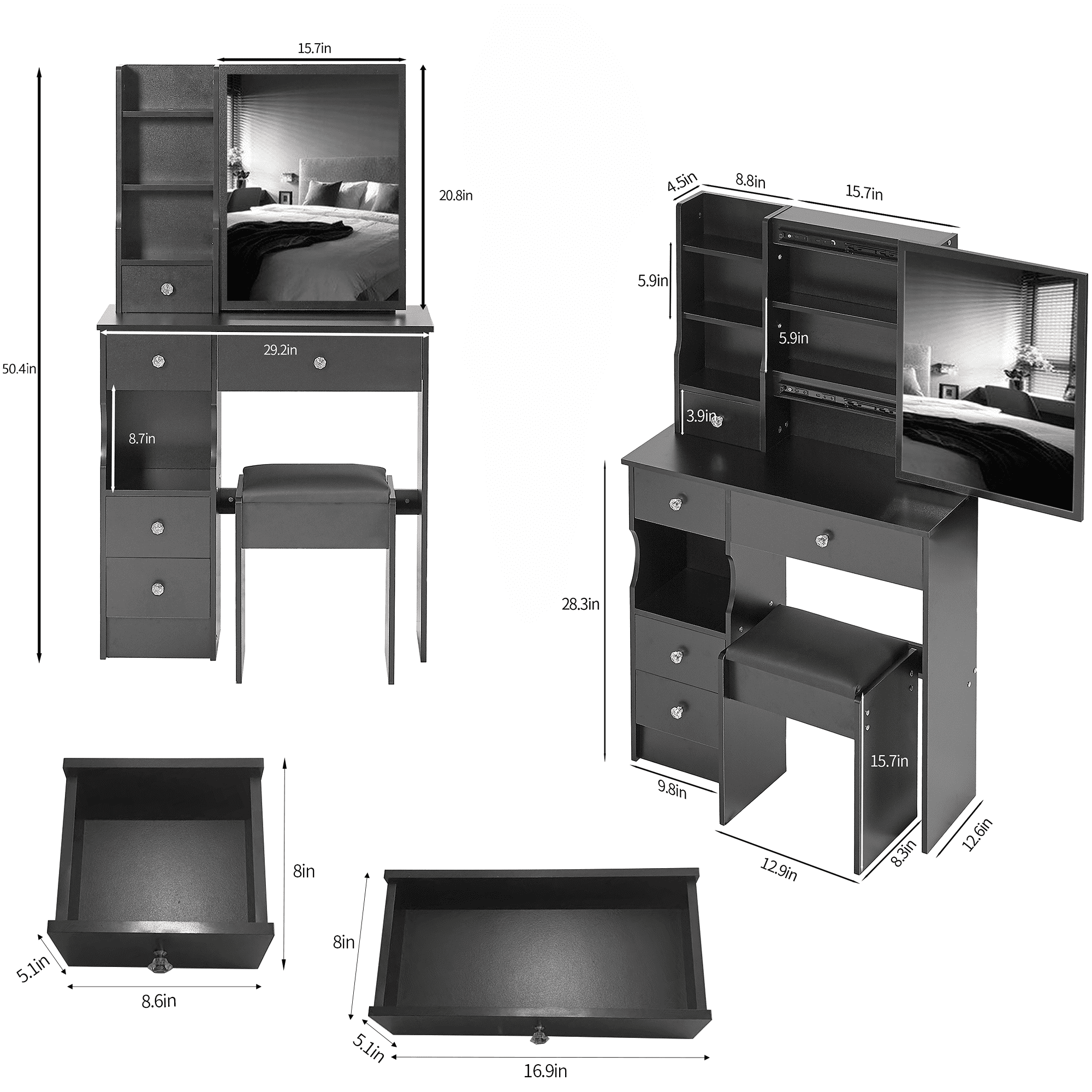 Kadyn Vanity Desk with 5 Drawers, Makeup Vanity Table with Extra Large Right Sliding Mirror, Dressing Table Makeup Desk for Small Space, Black