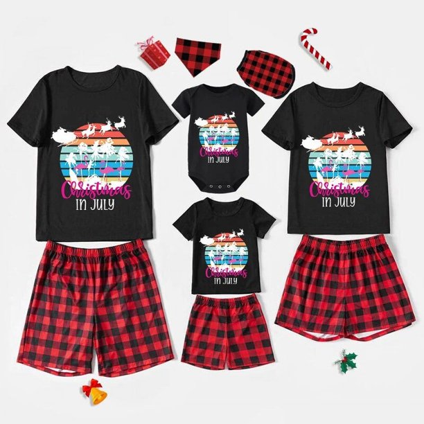 Pijamas familiares a juego de Navidad, conjuntos de Pijamas cortos de Papá Noel, ciervo negro y rojo, en julio