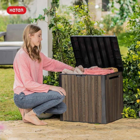 Keter Signature Everwood 30 Gallon Resin Outdoor Storage Box and Patio Furniture Side Table for Pool and Garden Accessories, Walnut