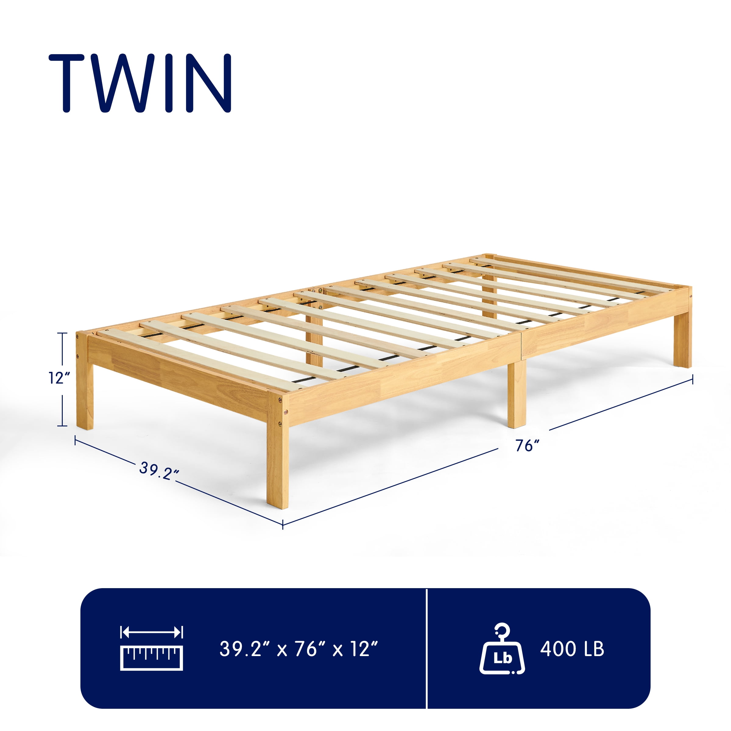 Twin Size Bed Frame, Solid Wood Platform with Wood Slat Support, No Box Spring Needed, Natural