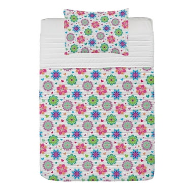 Retro Microfiber Bedspread Set, Notebook Style Backdrop with Lively Colored Chamomile Flowers and Little Hearts, Soft Bedding Set with Pillow Shams & Comforter, 3 Sizes, Multicolor, by Ambesonne