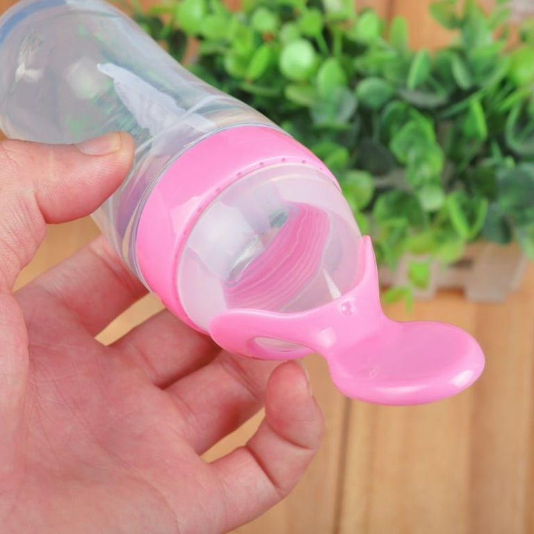Lnkoo Natural Touch Silicone Baby Food Feeder,Squeeze Cereal Bottle with Dispensing Spoon for Newborn Toddler Food Supplement, Size: 8.27, Pink