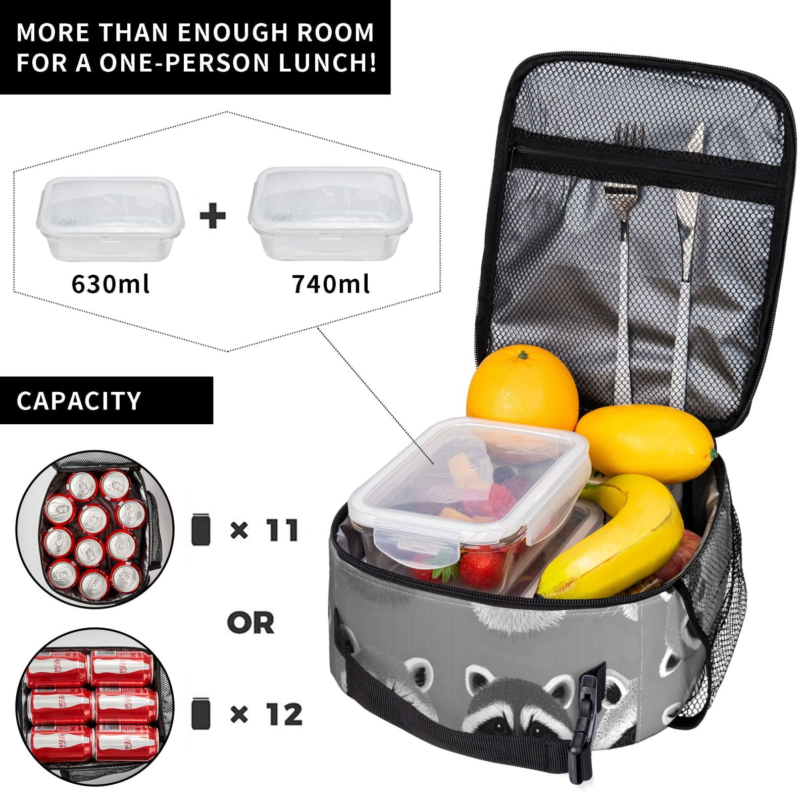 Lunch Bag For Women Men Insulated Portable Lunch Box Bento Box Office Picnic Travel Cooler Bag Raccoon Head Image
