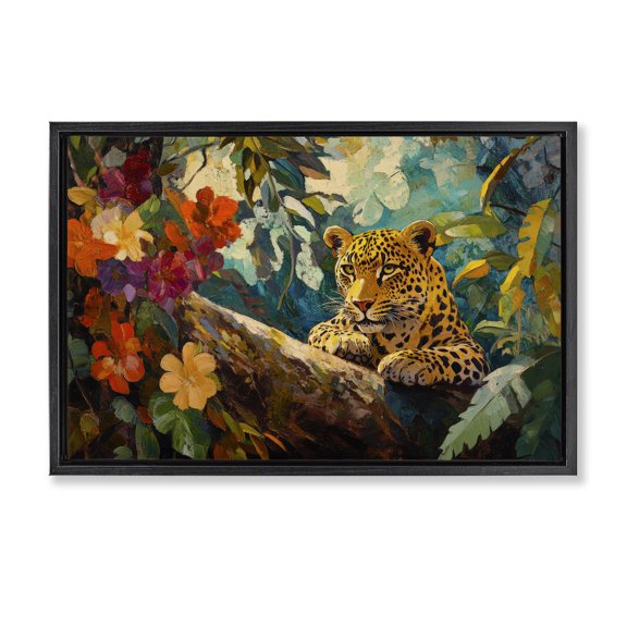 Stupell Industries Tropical Perched Above Jungle Cat Black Floating Frame Canvas Art, 25 x 17, by Petals Prints Design