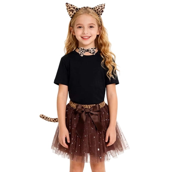 FINALGANG Girls Kids Solid Color Sparkly Tulle Tutu Skirt With Bow Tie Tail Cat Ear Headband Fluffy Layered Skirt For Party Performance Daily Wear Coffee 9-11 Years