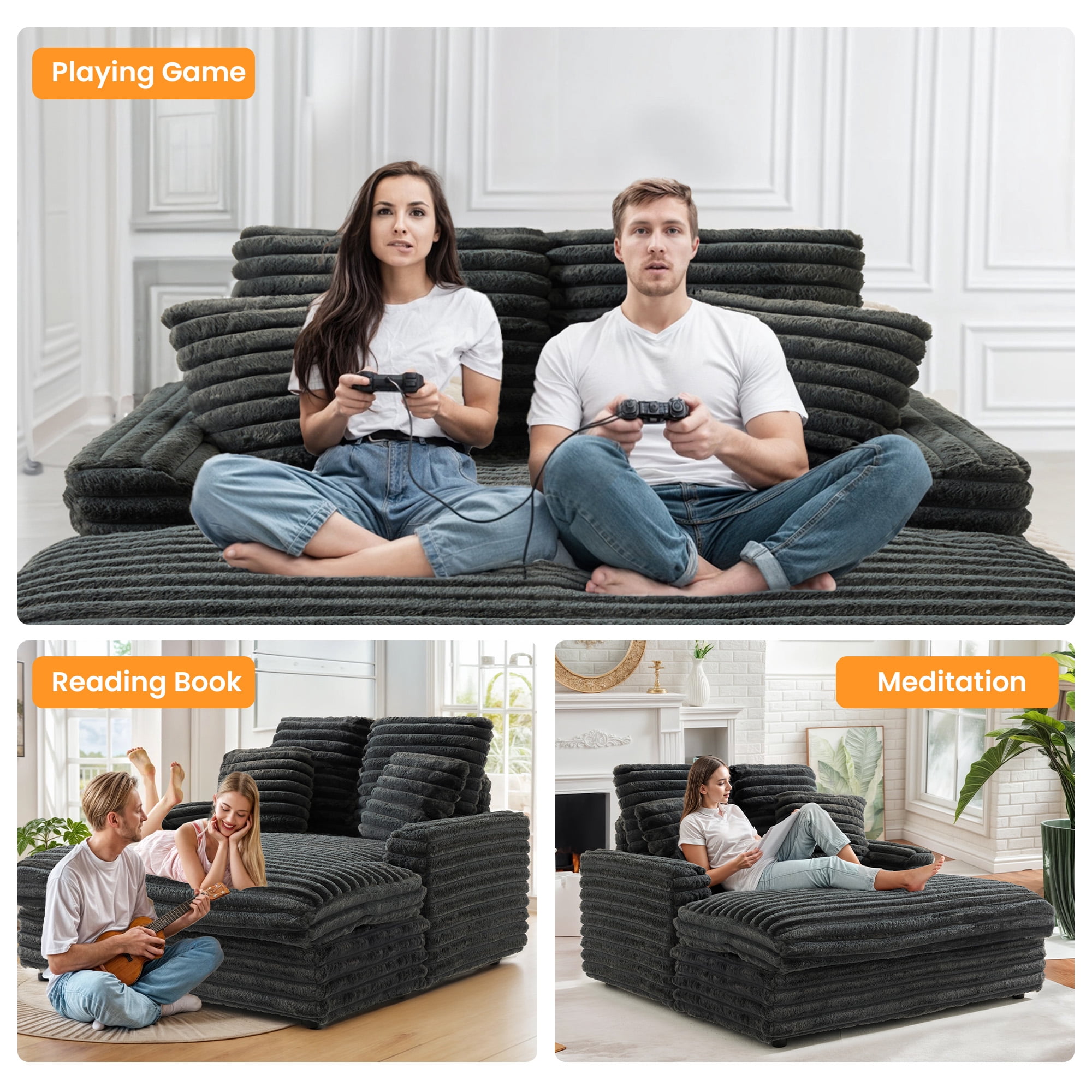 Gelloan Oversized Chaise Lounge Chair Indoor, Upholstered Sofa Bed with Throw Pillows and Armrests, Sleeper Chair for Living Room, Bedroom,Grey,Corduroy