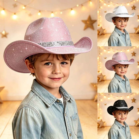 Faraee Kids Western Cowboy Hat for Girls and Boys Rhinestone Wide Brim Glitter Cowgirl Hats for Halloween Party Black 9-15 Years