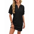 thumbnail image 2 of Women'S Solid Color Casual V-Neck Tie Waist Short Sleeve Dress Midi Summer Shift Dress Black XL, 2 of 9