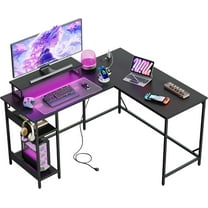 Hyxoo L Shaped Gaming Desk with Power Outlets & LED Lights, Computer Desk with Monitor Stand & Hook, Corner Desk with Storage Shelf, Office Long Desk for Bedroom-55 Inch-Black