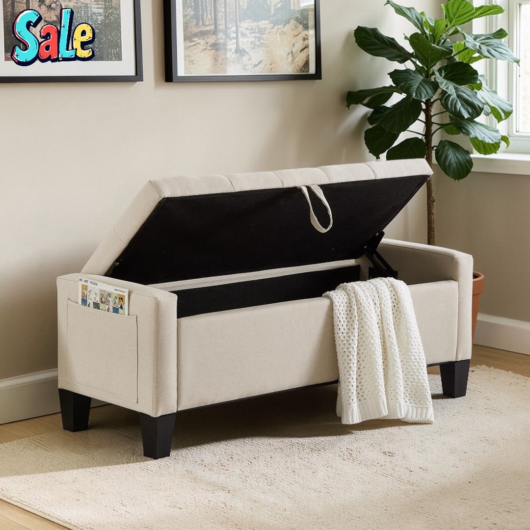 GZXS 45" Linen Upholstered Storage Ottoman Bench with Tufted Padded Seat, Hidden Compartment, and Side Pocket, for Entryway, Foyer, Bedroom or Living Area, Beige