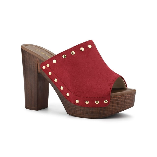 BLISSFUL STEP Chaussures pour Femmes à Plateforme à Talons Épais à Bout Ouvert à Rivets en Faux Suède Sandales à Enfiler Rouges 8