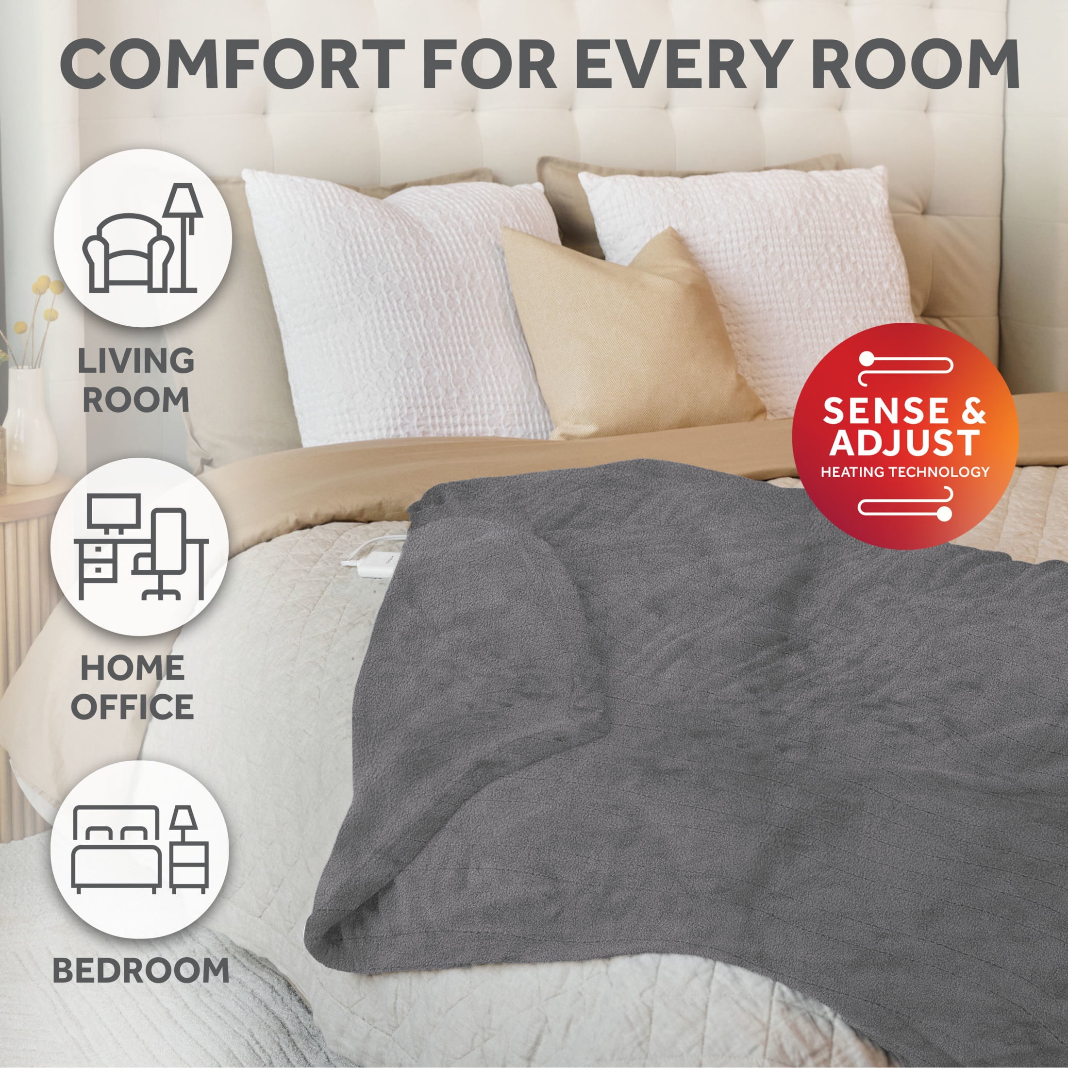 Sunbeam Electric Heated Throw Blanket Gray Polar Fleece 4 Heat Settings Auto-Off 50x60