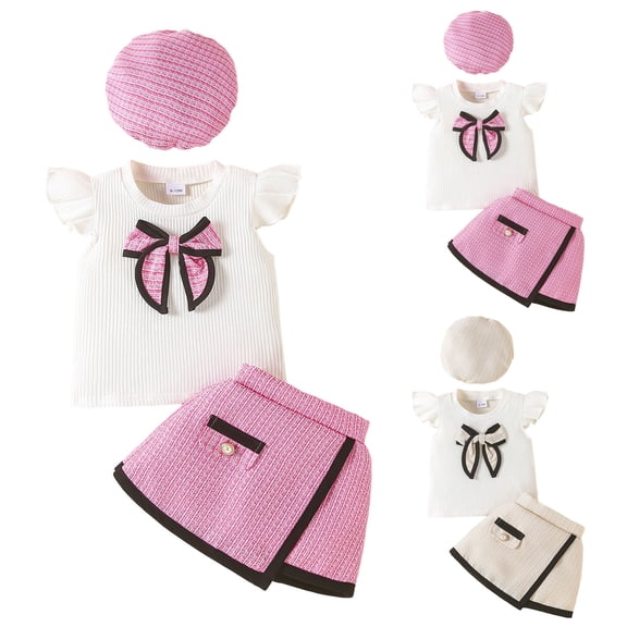 Dakiuu Toddler Baby Girls Skirts Outfit 2026 Summer Bowknot Ribbed Ruffle Short Sleeve Tops Plaid Tweeds Pattern Skirt Beret Winter Spring Clothes A-Beige 9-12 Months (12M)