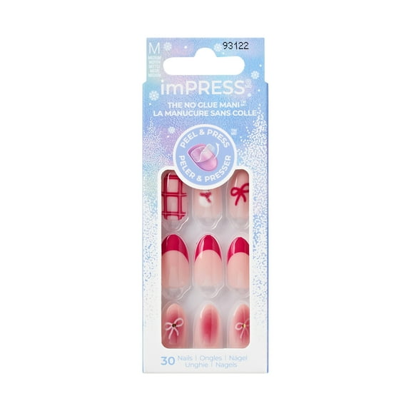 KISS imPRESS Holiday Press on Nails, Design, Yule Be Happy, Pink, Medium Almond, 30 Count