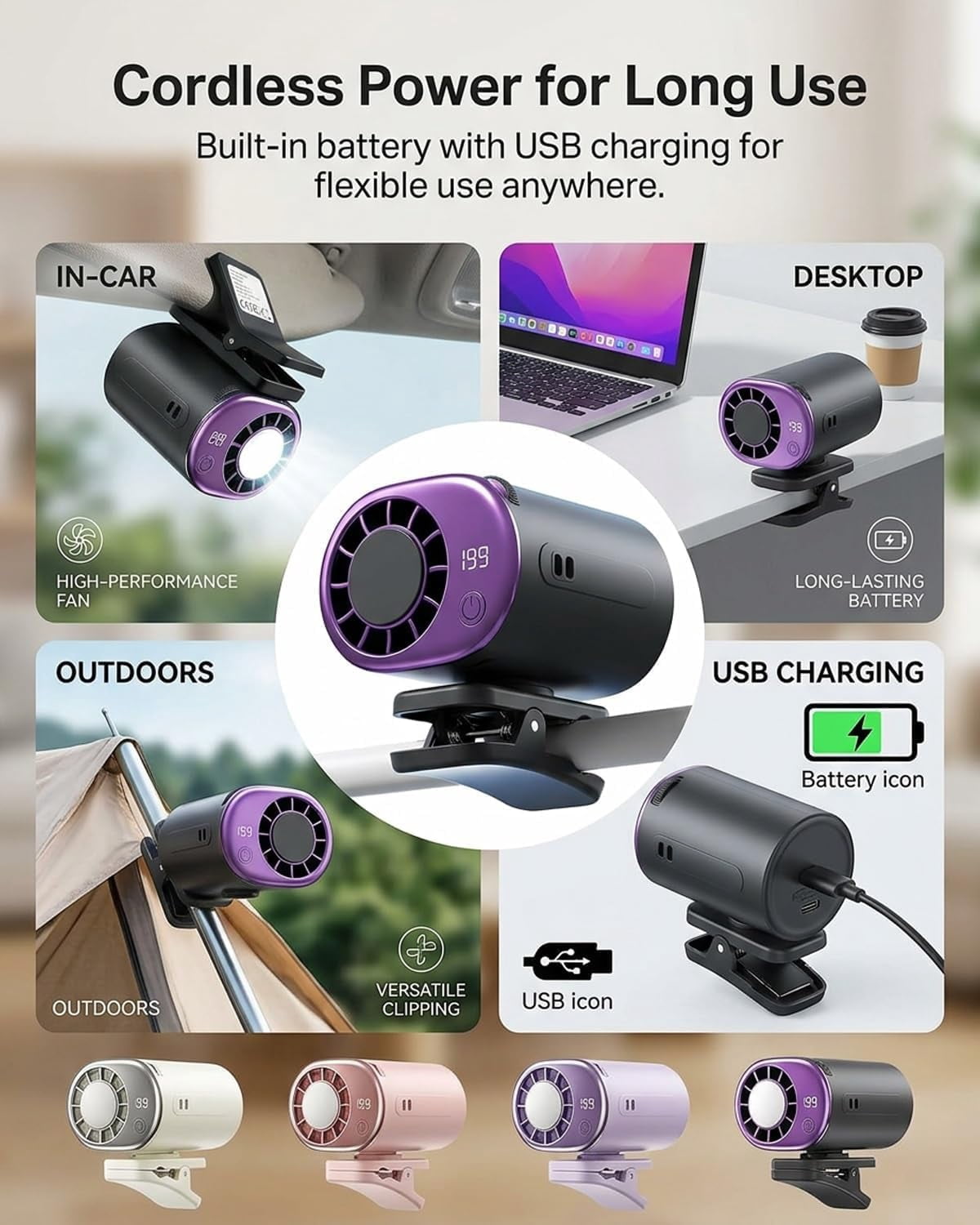 New Car Clip on Air Conditioner Fan with LED Display, 360° Rotatable Mini Cooling Fan 199 Speeds Portable Auto Vehicle Cooler
