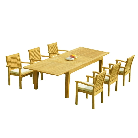 Grade-A Teak Dining Set: 6 Seater 7 Pc: 122" Caranas Rectangle Table And 6 Leveb Stacking Arm Chairs Outdoor Patio WholesaleTeak #51LV2907