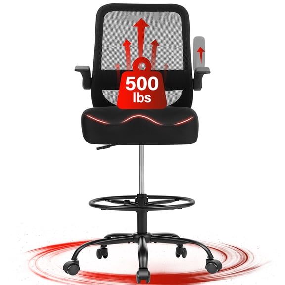 JONPONY 500LBS Drafting Chair, Tall Office Chair with Adjustable Lumbar Support & Footrest Ring and Flip-Up Arms, Comfy Extra Deep W-Shape Thicken Cushion, Breathable Mesh Standing High Desk Chair