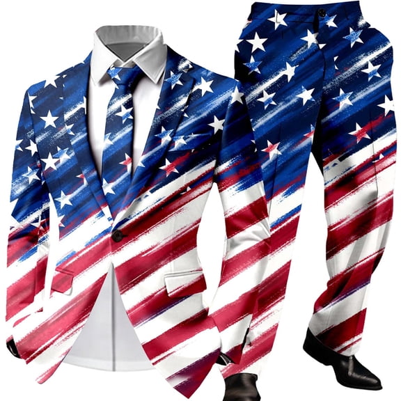 CONZONE Independence Day Mens 2 Peice Suit Set Usa 250Th Anniversary Suits for Men Patriotic Usa Star Striped Long Sleeve Blazer Pants Cozy July 4Th Dress Outfits