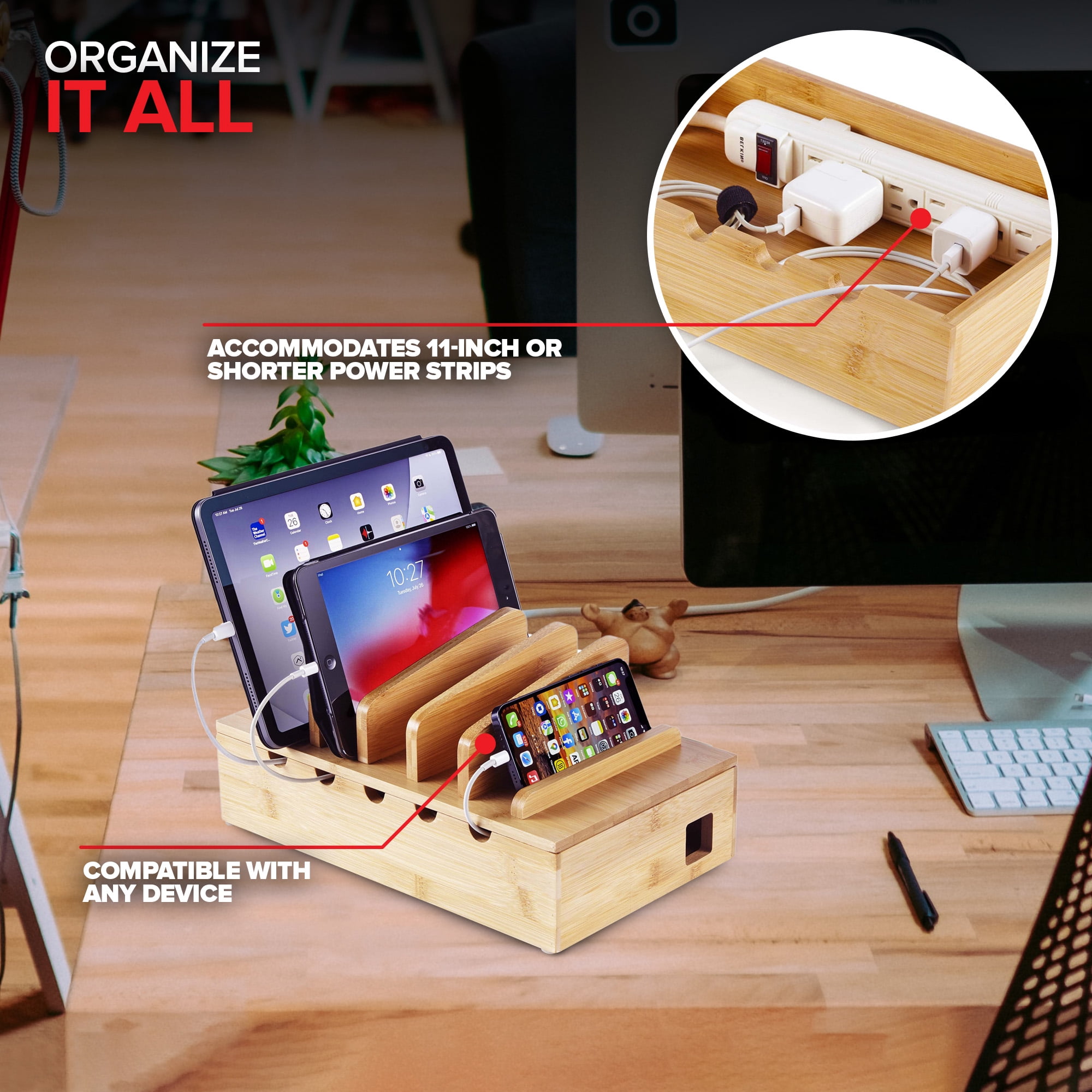 Modern Innovations Bamboo Charging Station for Multiple Devices (Natural) Wood Device Organizer, Desk Docking Stand for Cell-Phone Charger, Compatible with Apple, Android, iPad, iPhone, Tablet, Laptop