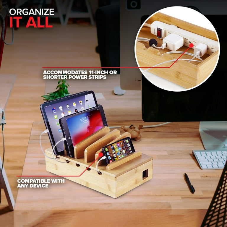 Modern Innovations Bamboo Charging Station for Multiple Devices (Natural)  Wood Device Organizer, Desk Docking Stand for Cell-Phone Charger,  Compatible