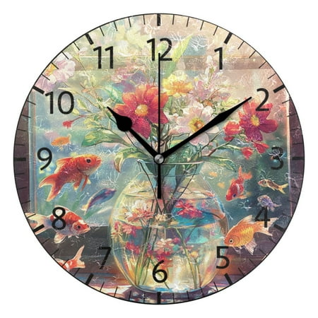 YAZAOO Decorative Wall Clock Size:25cm Golden Fish and Blooms Design Pattern Clock
