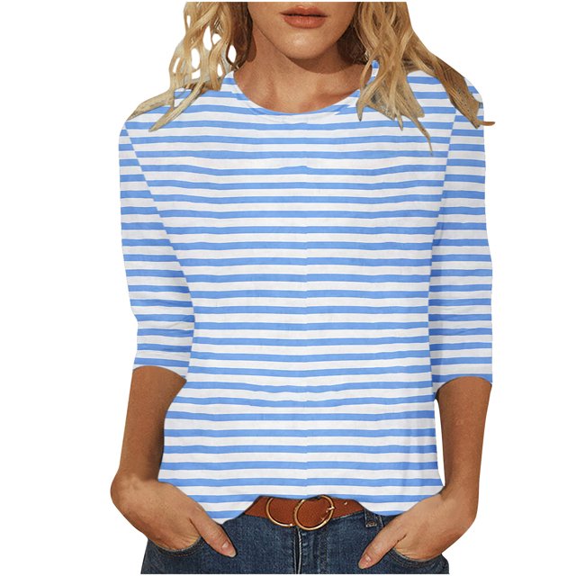 QTOCIO 3/4 Hauts à Manches pour Femmes, Hauts d'Été à Manches 3/4 pour Femmes, T-Shirts de Mode Décontractés Col Rond Manches 3/4 T-Shirt Ample Blouses pour Dames