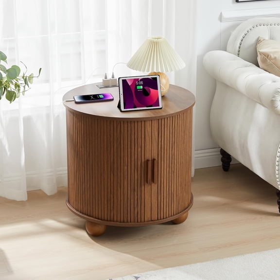 SUJOUCRAFT 24" End Table with Charging Station, Farmhouse Round Fluted Wood Night Stand, Mid-Century Large Side Table with Storage & Sliding Door for Living Room, Bedroom (Round, Walnut)