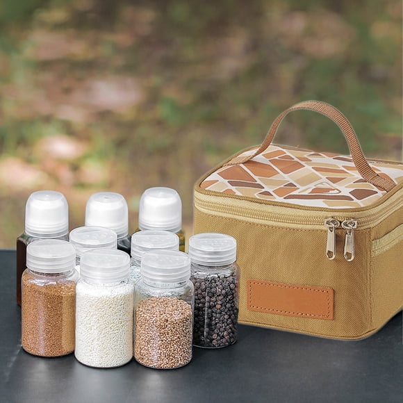 Kit organizador de botellas para condimentos de camping al aire libre con bolsa de almacenamiento portátil, embudos y etiquetas para especias, condimentos y artículos de aseo personal.