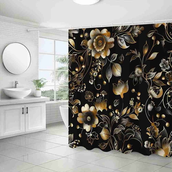 70x70 inch Black Gold and Silver Metallic Floral Shower Curtain, Waterproof Polyester Fabric with Hooks for Bathroom Decor