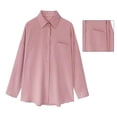 thumbnail image 4 of Camisa de mujer de manga larga con cuello vuelto y botones, blusa informal holgada para mujer para el trabajo, vacaciones diarias, rosa L, 4 of 8