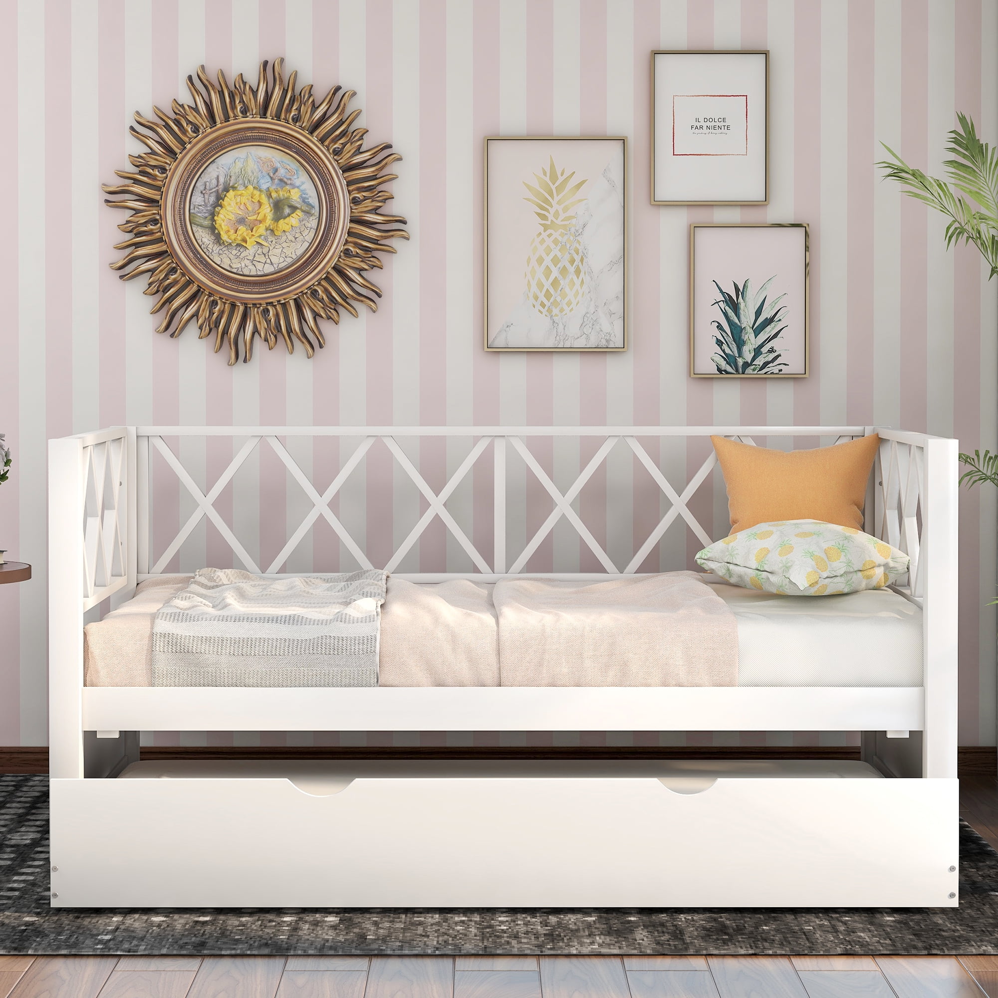 Kepooman Twin Size Wooden X-shaped Back Daybed with Trundle, 80.5"L x 42.1"W x 38.9"H, White Kepooman Twin Size Wooden X-shaped Back Daybed with Trundle, 80.5"L x 42.1"W x 38.9"H, White