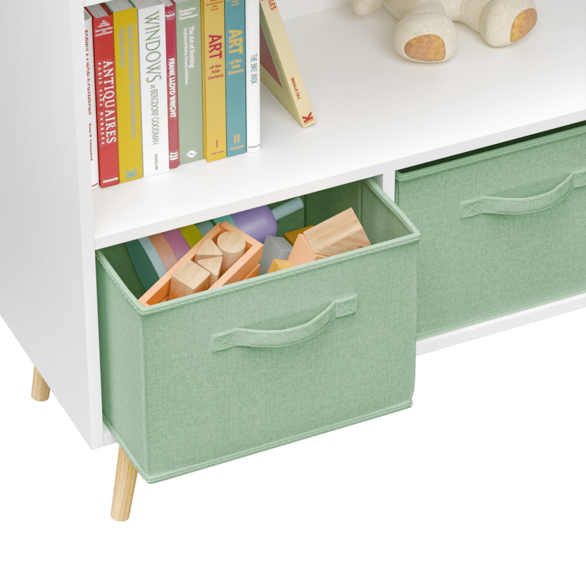 Leumius 4 Cube Kids Bookcase & Toy Storage Organizer with 3 Fabric Drawers for Playroom Storage,Green