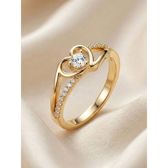 Yellow Gold Heart-Shaped Cubic Zirconia Pave Ring For Women