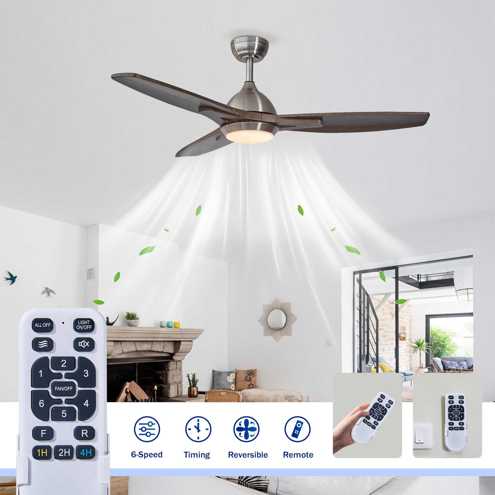 Leumius 52" Ceiling Fan with Lights Quiet DC Motor Ceiling Fans 6 Speed Levels,Reversible Ceiling Fan for Patio Living Room Bedroom Silver