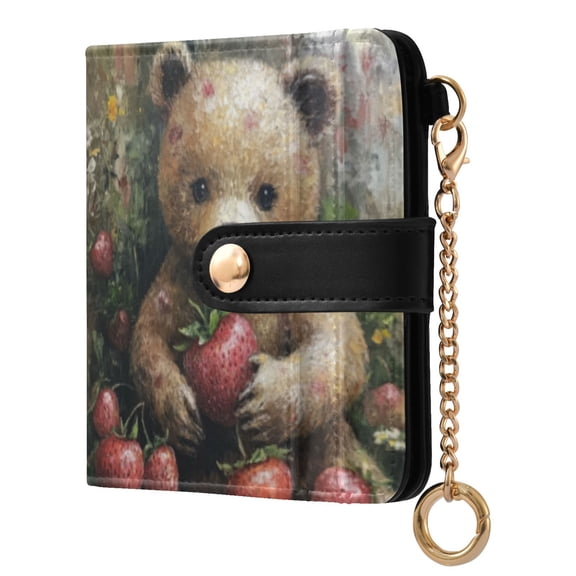 Qxltty Adorable Strawberry Bear Ladies Wallet Rfid Slim Thin Compact Credit Card Women Wallet Zipper Coin Pocket and ID Window for Female Gifts
