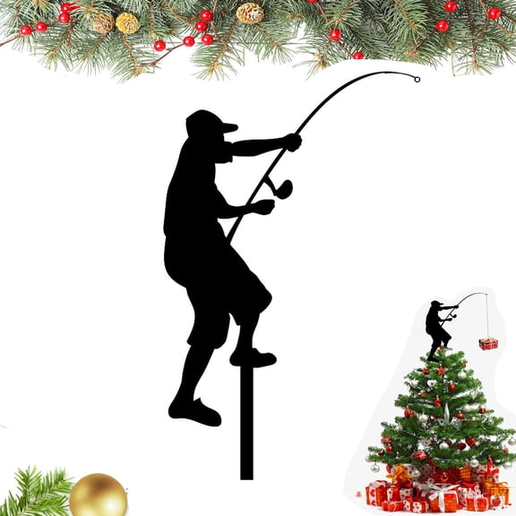 Christmas Tree Topper,Fisherman Design Top Ornament ,Iron Silhouette Christmas Tree Top Decoration,for Indoor Home Easter Holiday Winter Family Party