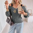 thumbnail image 5 of Women Off Shoulder V Neck Puff Long Sleeve Slim Fit Knit Sweater Top Dark Gray S, 5 of 9