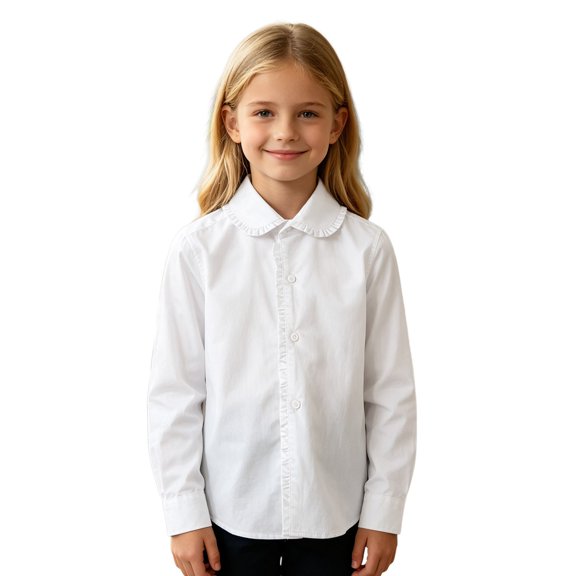 SGMVNU Girls White Uniform Shirts Frill Trimmed Lapel Collar Long Sleeve Button Down Dress Shirt School Clothes, Size 4-5 Years, Multicolour