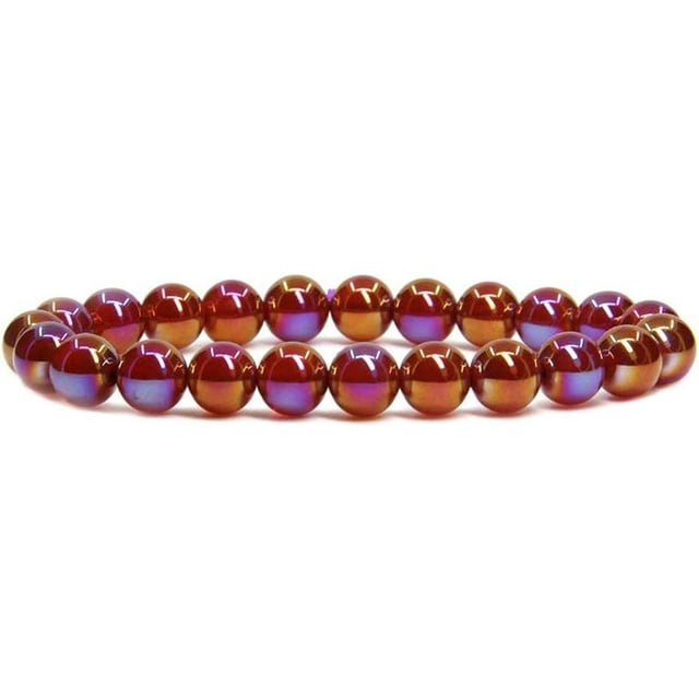 Bracelet Extensible Unisexe en Perles Boule 8 mm en Agate Rouge Plaquée Multicolore, Pierre Précieuse Semi-Précieuse 7 Pouces
