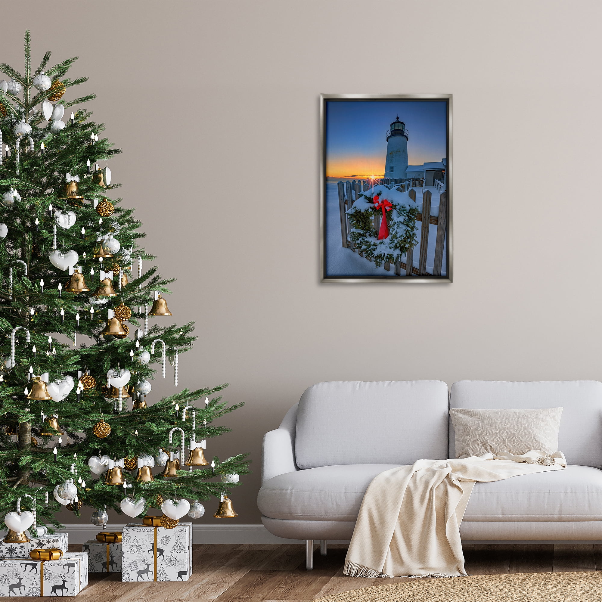 Stupell Industries Christmas Beach Lifehouse Holiday Painting Gray Floater Framed Canvas Art Prints Wall Art, 21 x 31