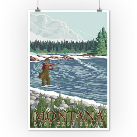 Montana, Last Best Place - Fisherman - Lantern Press Original Poster (9x12 Art Print, Wall Decor Travel (Montana Skiing The Last Best Place)
