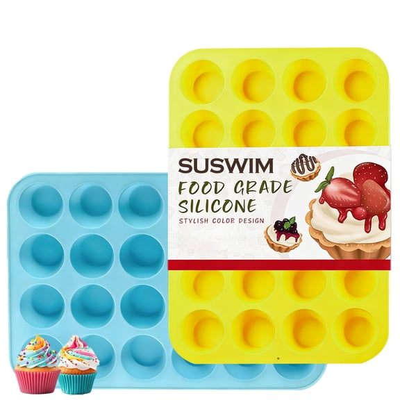 SUSWIM 2 Pack Silicone Mini Muffin Pan, Non-Stick 24 Cups Cupcake Pan, BPA Free and Dishwasher Safe, Perfect for Making Muffin Cakes, Tart, Bread(Blue&Yellow)