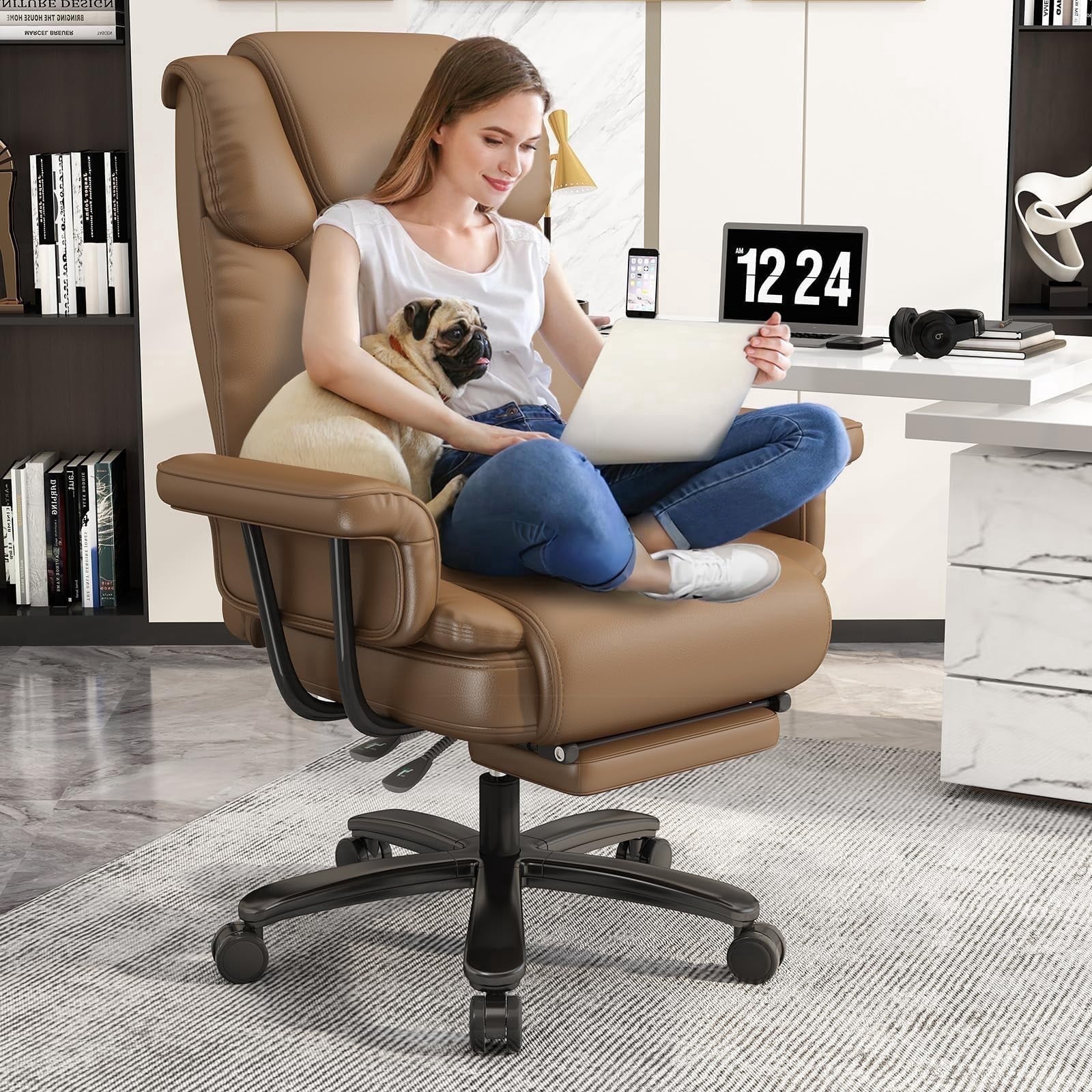 Genpo Big and Tall Office Chair 400lbs, Reclining Home Office Desk Chair with Footrest for Adult, High Back Wide Seat Executive Computer Chair, Brown