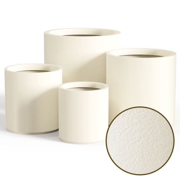 FOUKUS 6.9",8.7",10.6",13.4" Dia Round Concrete-like Plastic Planter Set of 4, Modern Style Large Cylindrical Plant Pot with Drainage Hole for Indoor Outdoor Patio, Beige