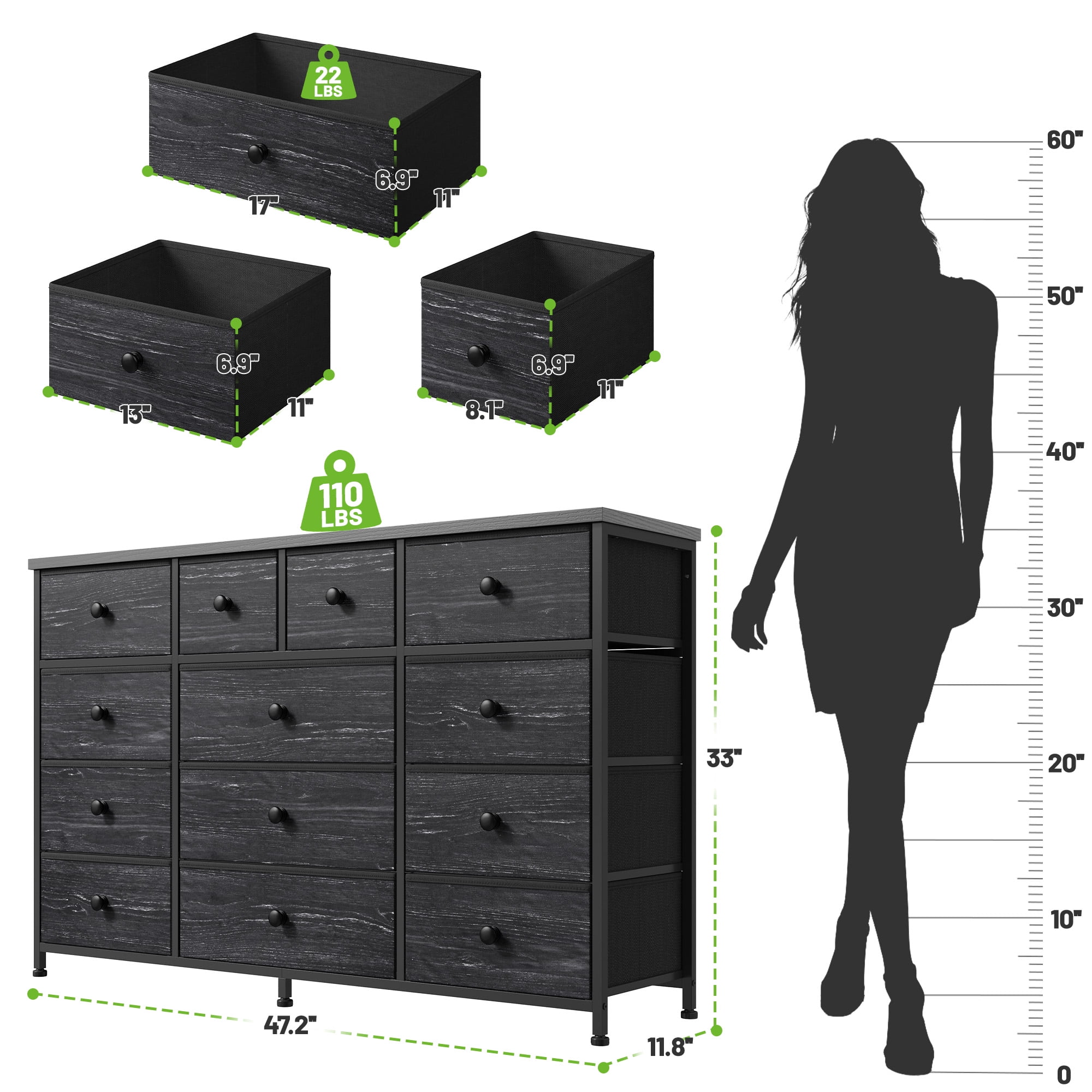 Black Dresser for Bedroom TV Stand with 13 Drawers for for 55" TV, Fabric Wide Dresser for Living Room