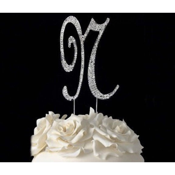 4-1/2" Large Letter N Rhinestone Cake Topper Silver