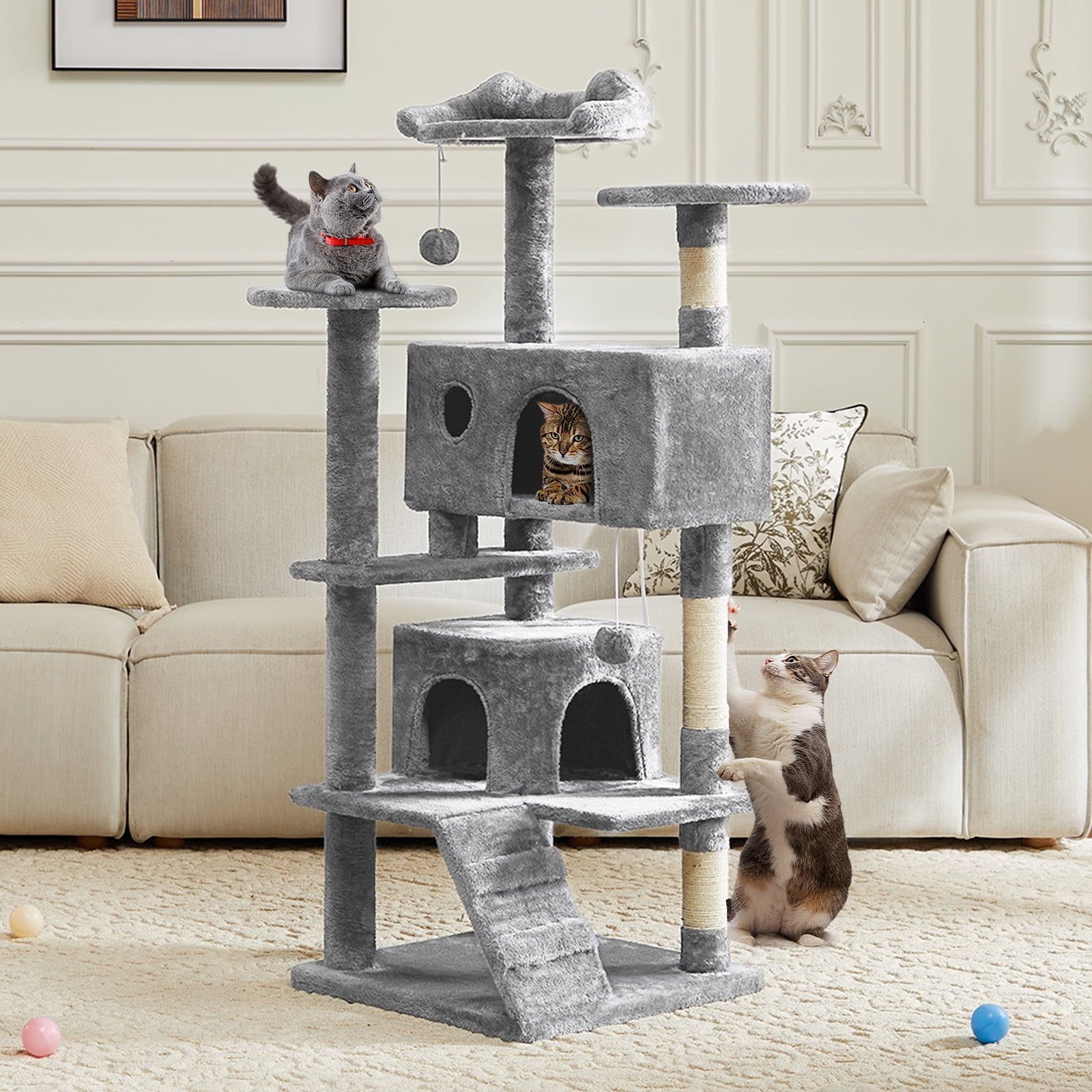 GIANNA 54-Inch Cat Tower with Large Condo, Climbing Ladder, and More Cat Stuff, Light Grey