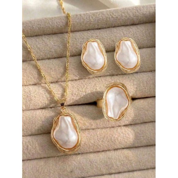 Juego de Joyas de 4 Piezas con Perla Barroca, Collar, Anillo y Pendientes