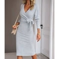 thumbnail image 2 of SWSMCLT Women's Sweater Dress Side Split Long Sleeve Bodycon Dresses Fall Midi Long Deep V Neck Fitted Spring Casual Elegant Grey Small, 2 of 4
