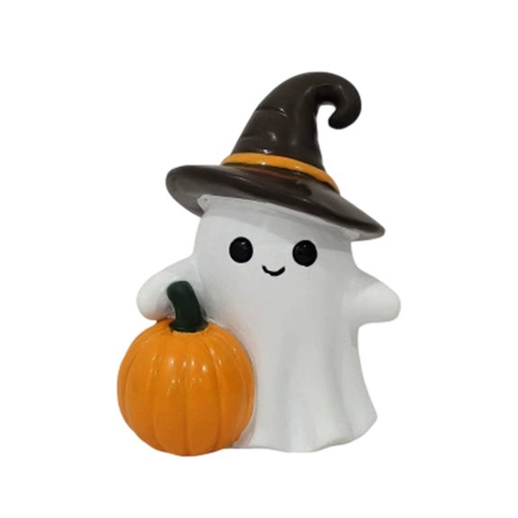 Resin Ghost Figurine with Pumpkin for Halloween Tabletop Decor, Cute Ghost Statue for Home Office Tiered Tray Shelf Display, Fall Party Ornament for Christmas New Year Gift (1 Pcs)